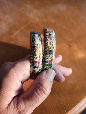 Hand-Painted Enamel Floral Bangle Bracelet Set | Gold Tone | Pair